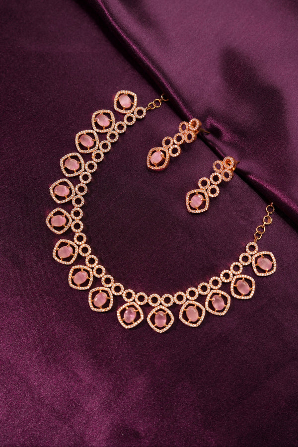 Pink Stone Choker Necklace & Earrings Set | with CZ Halo Design in Anti Gold Finish