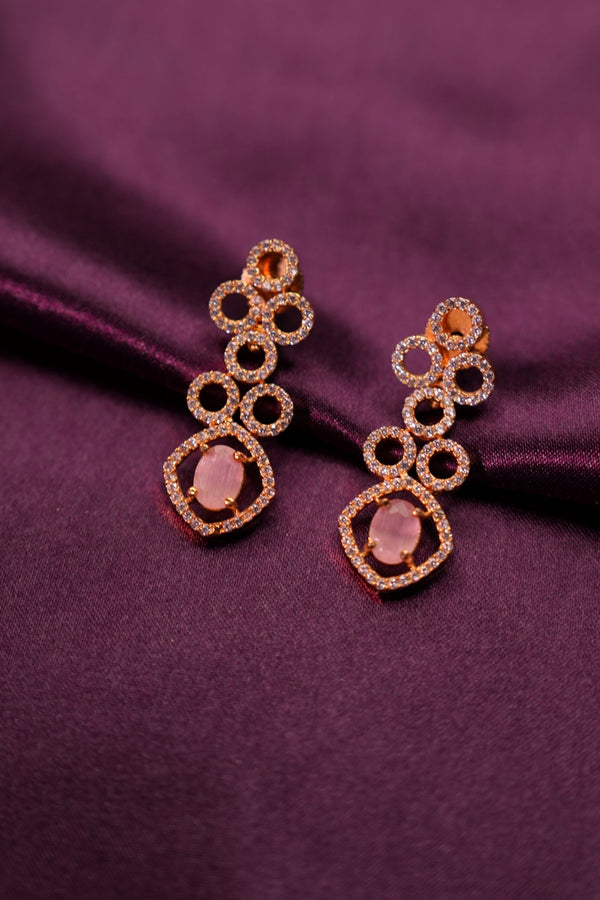 Pink Stone Choker Necklace & Earrings Set | with CZ Halo Design in Anti Gold Finish