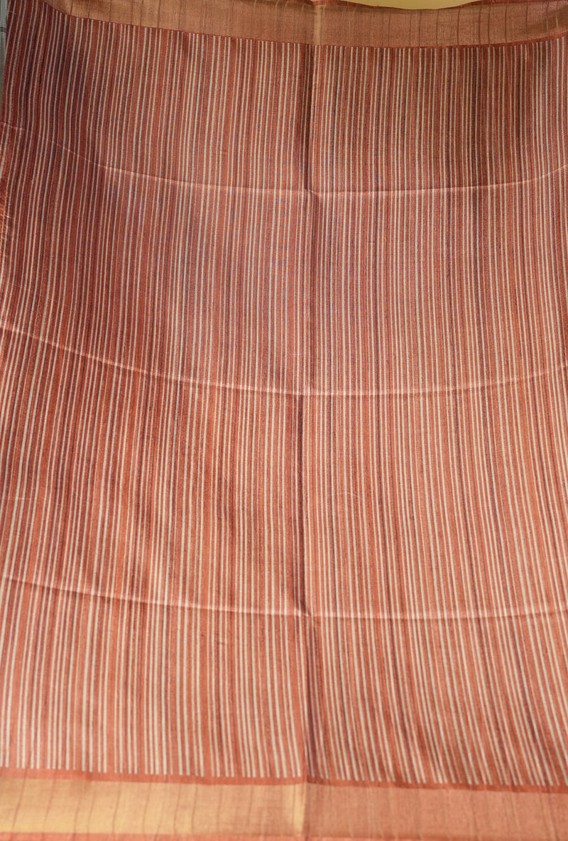 A close-up of a striped fabric, likely a sari, featuring vertical stripes in terracotta red, orange, and beige with a solid orange border.