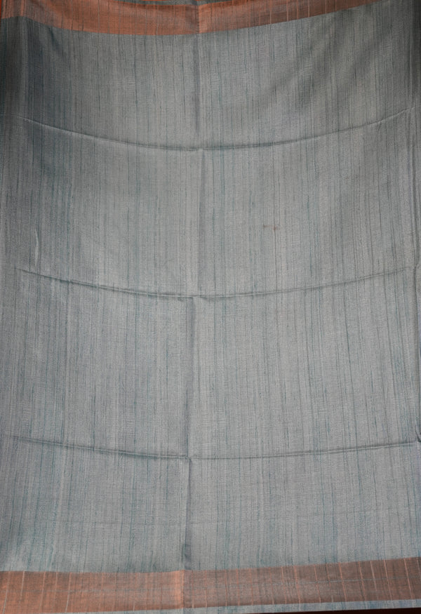 A close-up of a light gray fabric with fine vertical stripes and a contrasting brown border at the top and bottom.