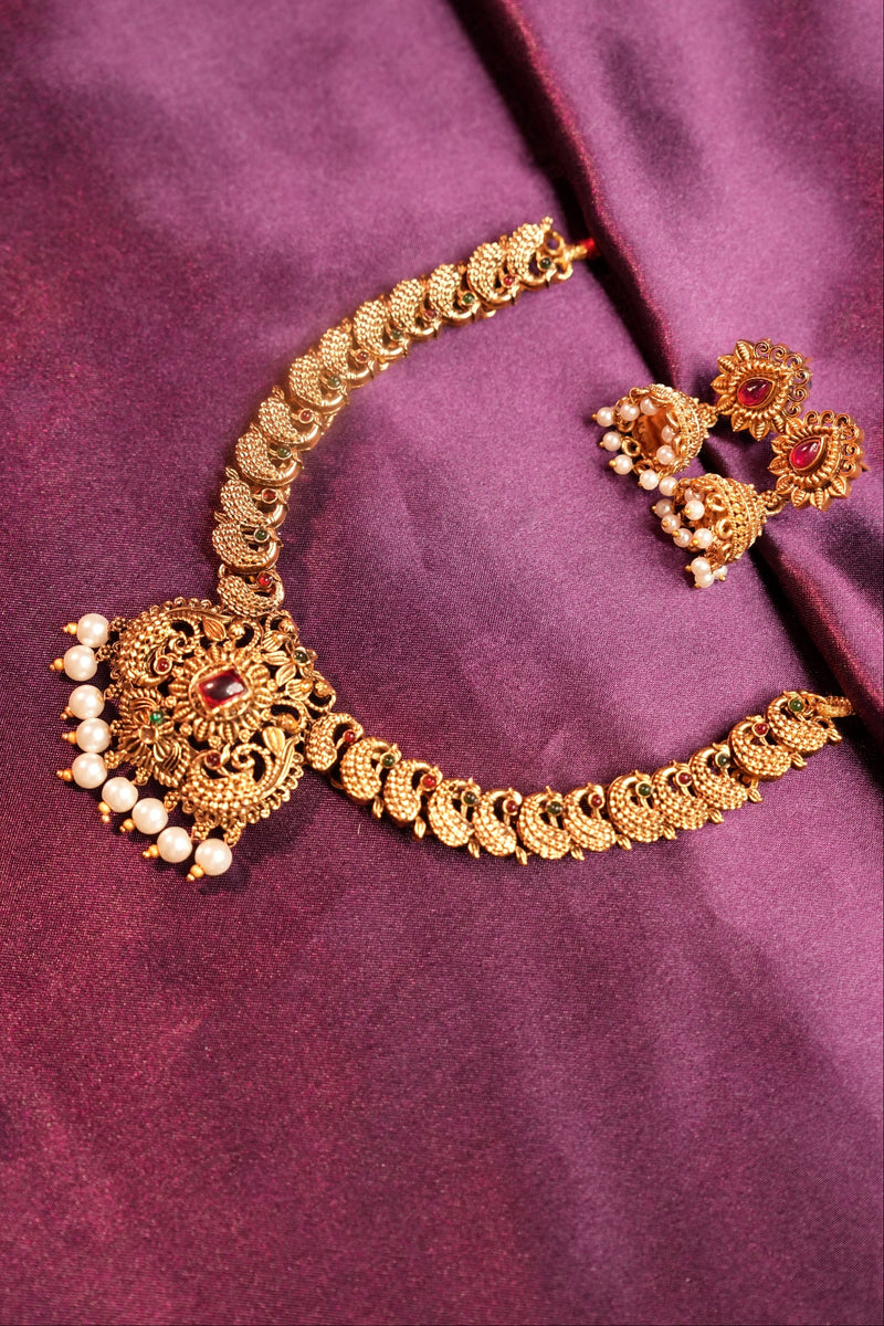 Peacock Link Chain Necklace Set | Shield Pendant Twin Peacock Rectangle Ruby Kemp & Pearl Row Drops | Antique Gold Sun Stud Jhumka Earrings