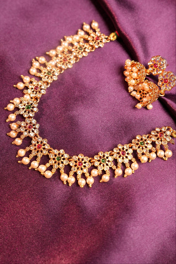 Gold Plated Guttapusalu Floral Necklace Set | Ruby Emerald Stone & Pearl Drop Necklace with Gold Jhumka Earrings | South Indian Bridal Set