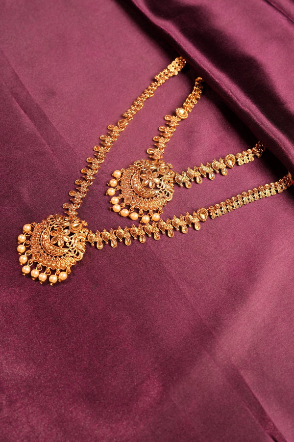 Antique gold CZ Stone Crescent Bridal Set | Polki Tennis Chain Double Necklace Haram Floral Chandbali Pearl Drop & Floral Jhumka Earrings Set