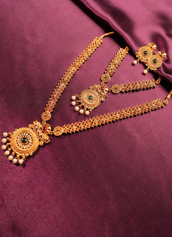 Ruby Kemp Arrow Spike Chain Mandala Disc Pendant Set |Antique gold CZ Concentric Emerald Centre Necklace Haram & Circular Disc Drop Earrings