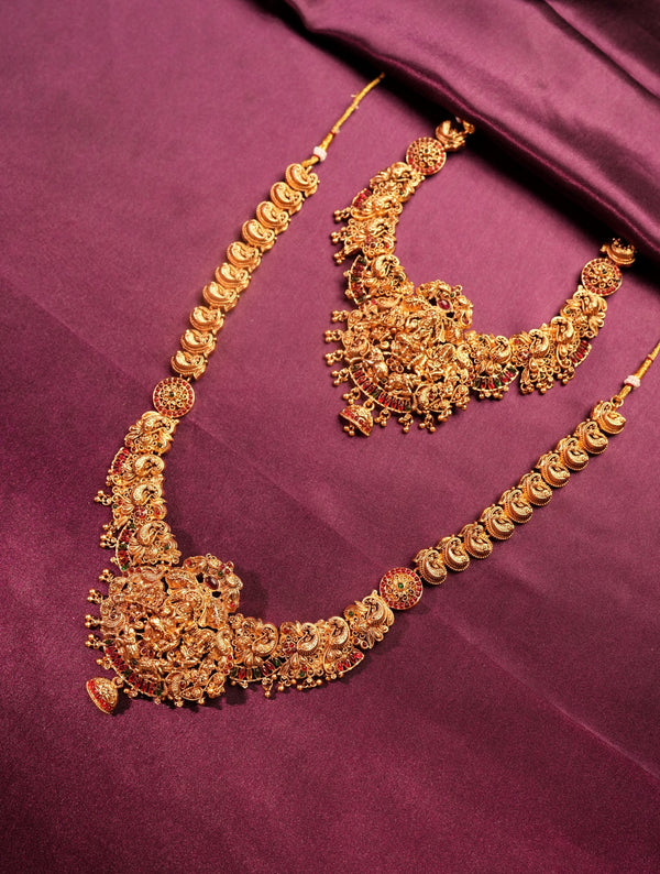 Antique Gold Peacock Scroll Ghungroo Chain Lakshmi Bridal Set | Full Peacock Link Double Necklace Haram Oval Pendant & Double Jhumka Earrings