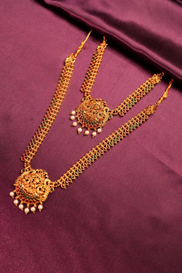 Antique Gold Ruby Emerald Curl Link Chain Lakshmi Square Pendant Set | Multicolour Stone Double Necklace Haram & Flower Stud Jhumka Earrings