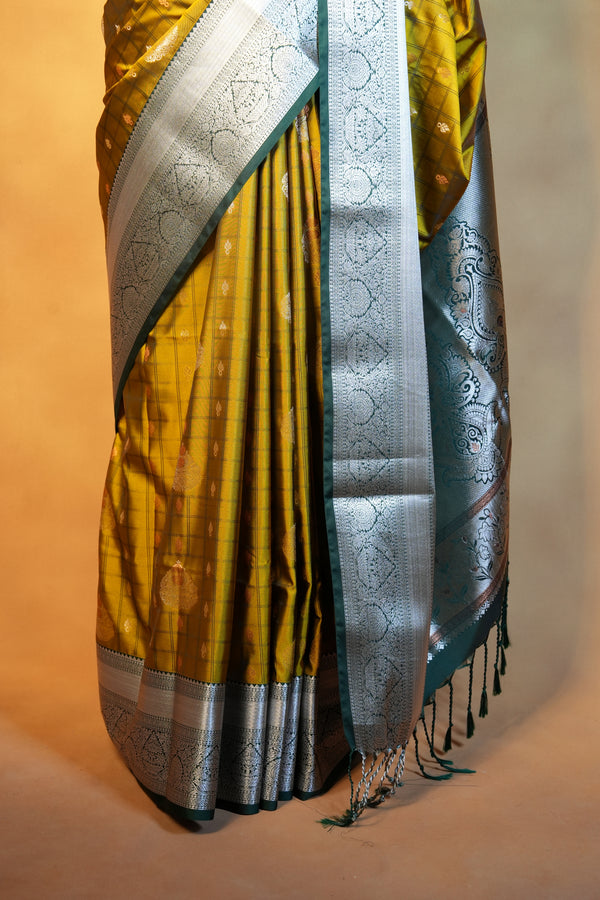 Olive Yellow Silk Saree | Silver Zari Banarasi Pallu Design | Party Wear Saree