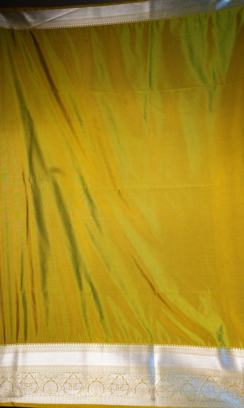 A close-up of a yellow fabric, likely a sari, featuring a shimmering golden-yellow body and a contrasting white border with intricate gold embroidery.