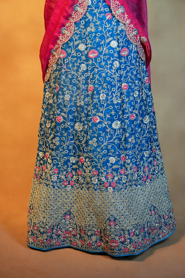 Peacock Blue Silver Embroidered Lehenga | Hot Pink Contrast Drape | Designer Bridal Wear