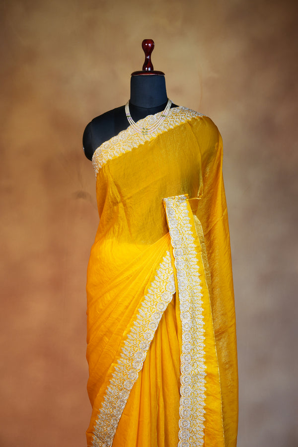 Space Silk Saree | Yellow with Scalloped Silver Stone Border | Designer Party Wear