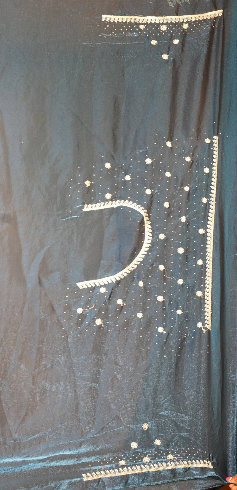Peacock Blue Space Silk Saree | Silver Stone Embroidered Scalloped Border | Bridal Wedding Wear