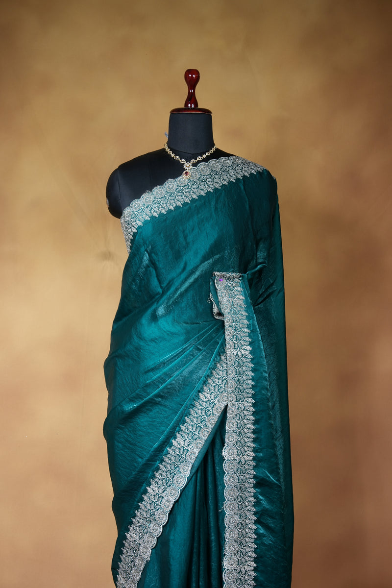 Teal Green Space Silk Saree | Silver Stone Embroidered Scalloped Border | Bridal Wedding Wear
