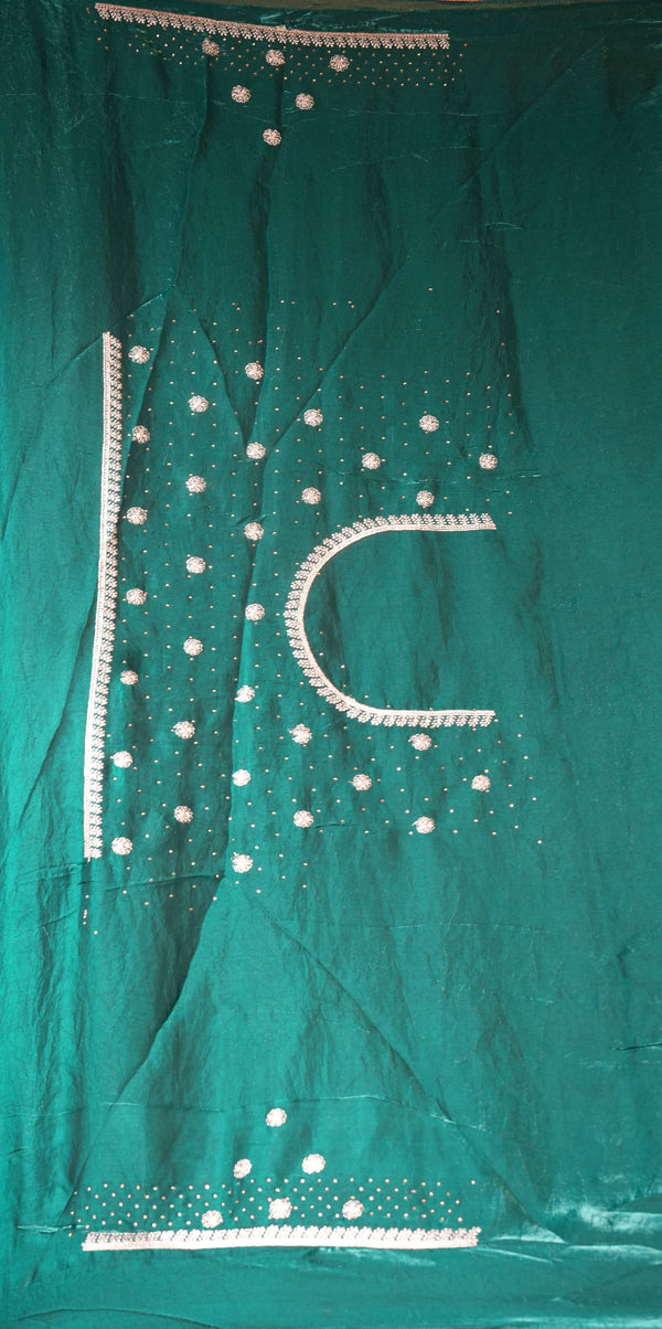 Teal Green Space Silk Saree | Silver Stone Embroidered Scalloped Border | Bridal Wedding Wear