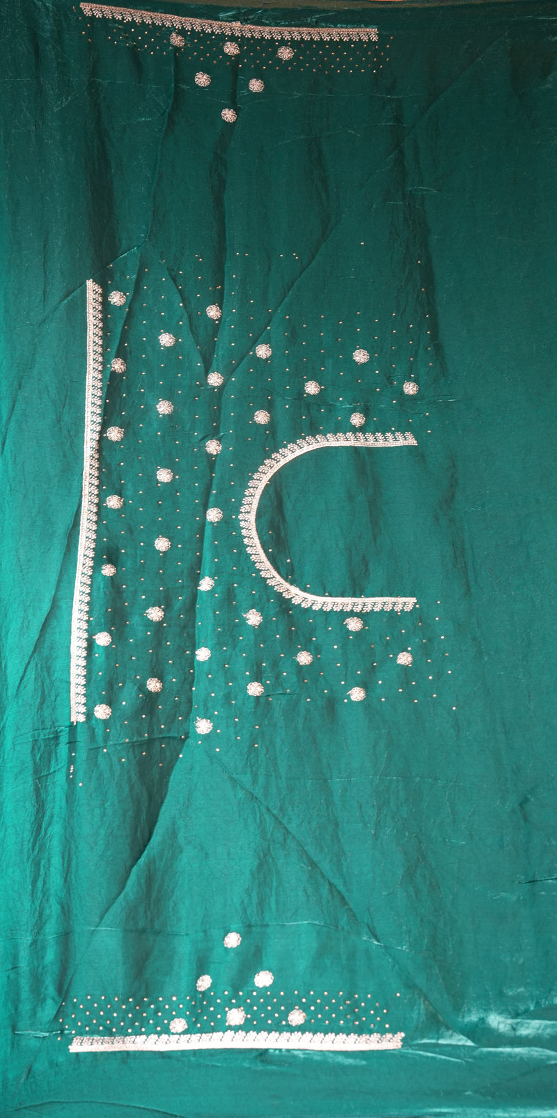 Teal Green Space Silk Saree | Silver Stone Embroidered Scalloped Border | Bridal Wedding Wear