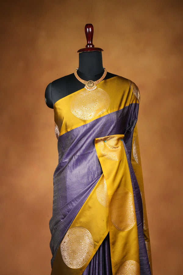 Royal Purple Soft Silk Saree with Mustard Yellow Silver Zari Border | Rich Woven Pallu | Traditional Wedding Wear