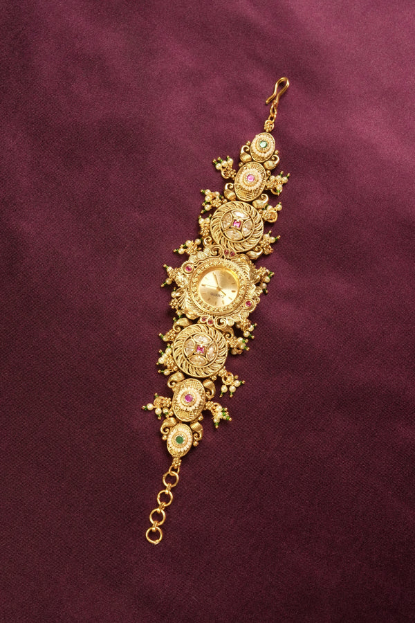 Antique Gold Kashmiri Watch | Heavy Pearl & Kundan Studded Bracelet | Ethnic Wear Accessory