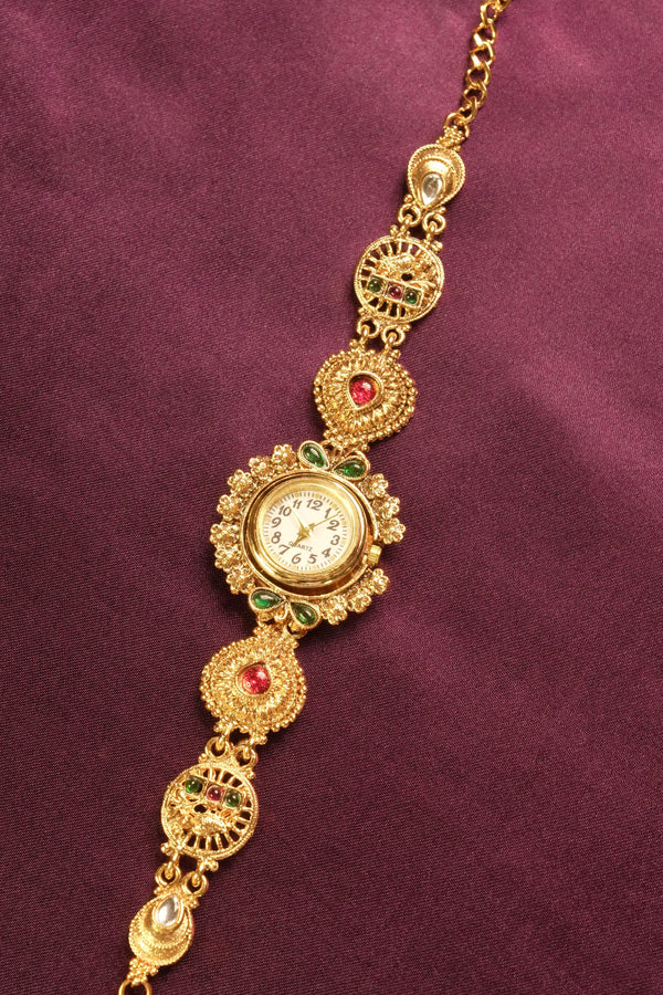 Kashmiri Heritage Watch | Nakashi Filigree Design in Antique Gold | Timeless Wedding Jewelry