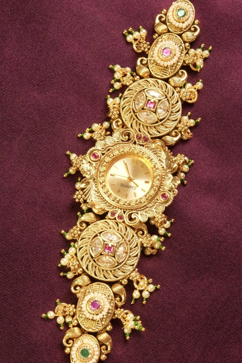Antique Gold Kashmiri Watch | Heavy Pearl & Kundan Studded Bracelet | Ethnic Wear Accessory