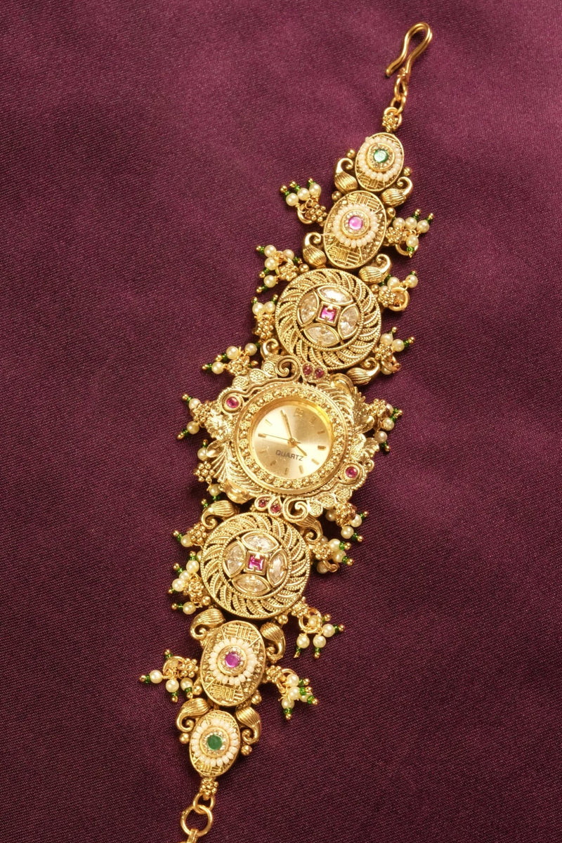 Antique Gold Kashmiri Watch | Heavy Pearl & Kundan Studded Bracelet | Ethnic Wear Accessory