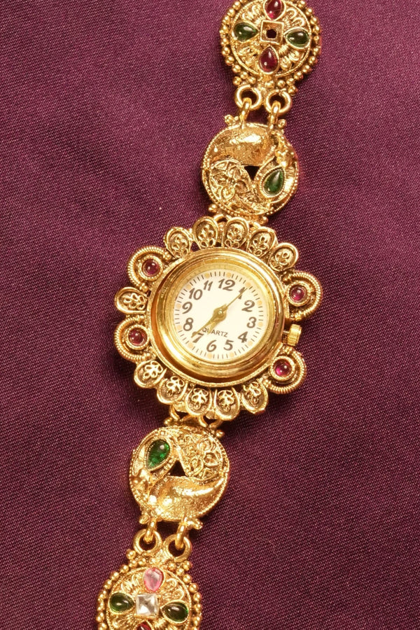 Ethnic Kashmiri Jewelry Watch | Studded with Ruby, Emerald & Kundan Stones | Great for Sangeet & Receptions
