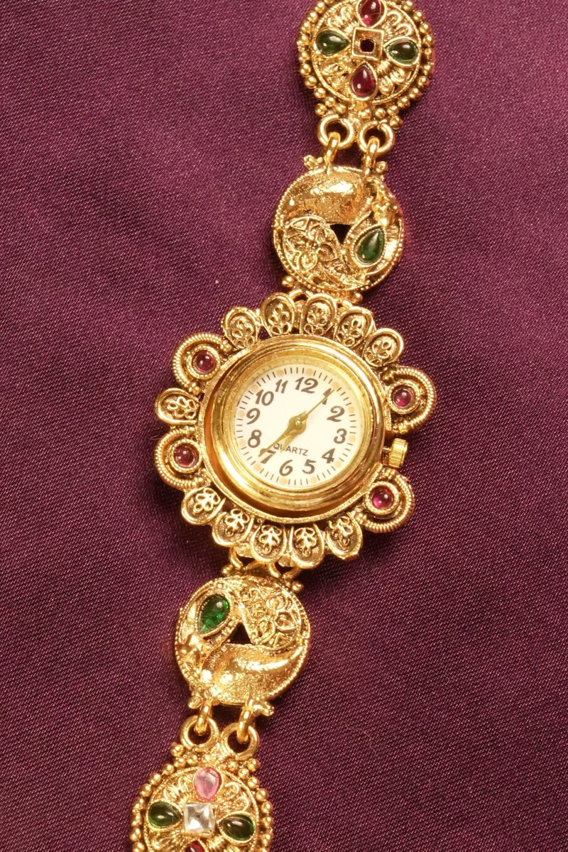 Ethnic Kashmiri Jewelry Watch | Studded with Ruby, Emerald & Kundan Stones | Great for Sangeet & Receptions