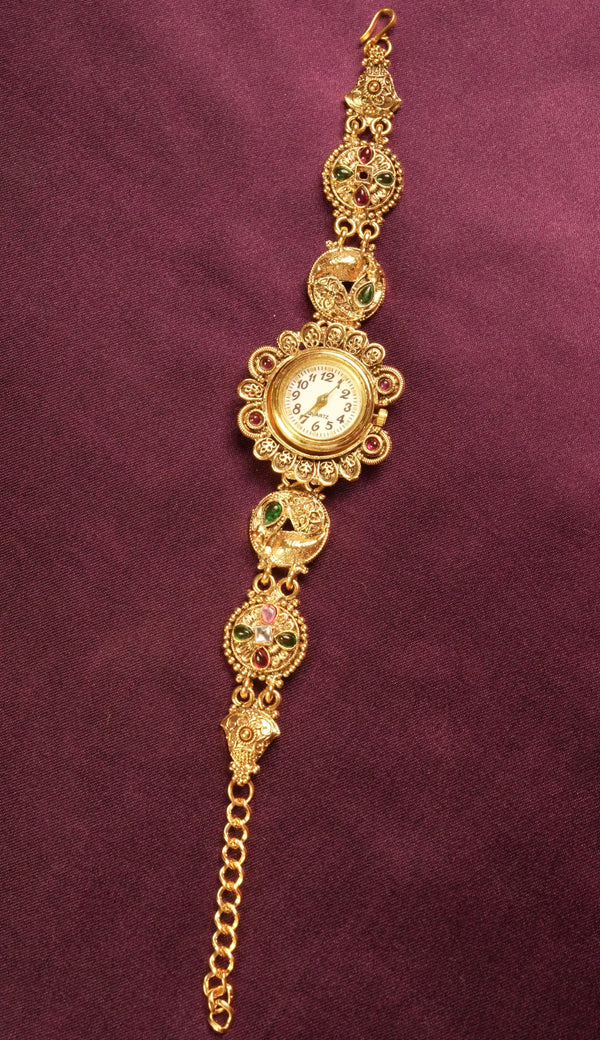 Ethnic Kashmiri Jewelry Watch | Studded with Ruby, Emerald & Kundan Stones | Great for Sangeet & Receptions