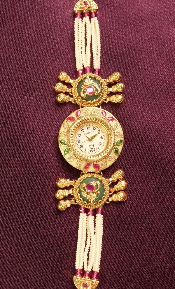 Kashmiri Watch Bracelet | Pearl Tassel with Green Enamel Ruby Stones | Ethnic Jewelry