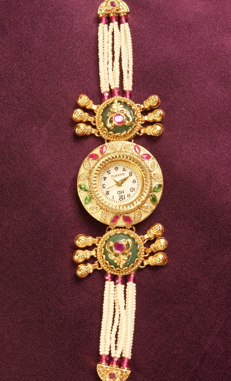 Kashmiri Watch Bracelet | Pearl Tassel with Green Enamel Ruby Stones | Ethnic Jewelry
