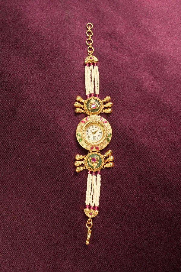 Kashmiri Watch Bracelet | Pearl Tassel with Green Enamel Ruby Stones | Ethnic Jewelry