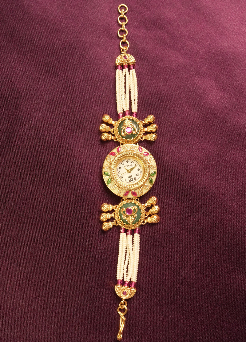 Kashmiri Watch Bracelet | Pearl Tassel with Green Enamel Ruby Stones | Ethnic Jewelry