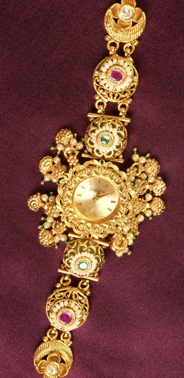 Antique Kashmiri Jewelry Watch | Gold Filigree Ruby Studded Design | Wedding & Traditional Wear