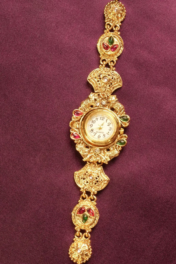 Antique Gold Kashmiri Watch | Filigree Floral Dial with Multicolor Stones | Ethnic Wear Accessory