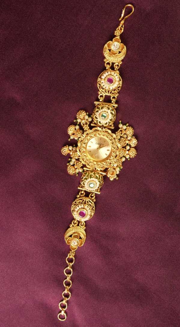 Antique Kashmiri Jewelry Watch | Gold Filigree Ruby Studded Design | Wedding & Traditional Wear