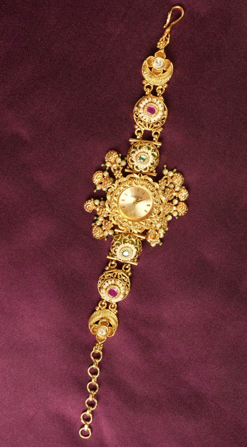 Antique Kashmiri Jewelry Watch | Gold Filigree Ruby Studded Design | Wedding & Traditional Wear
