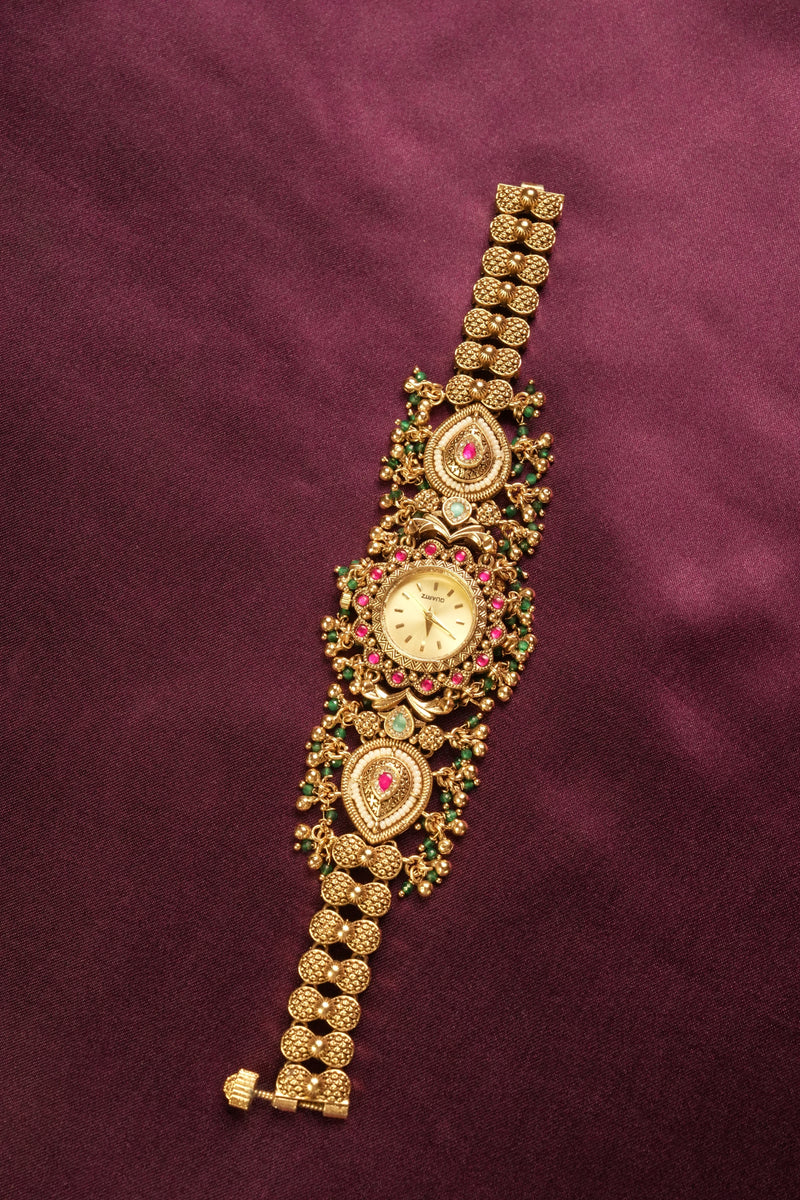 Kashmiri Gold Plated Watch | Kundan Ruby Emerald Nakashi Work | Bridal & Festive Jewelry