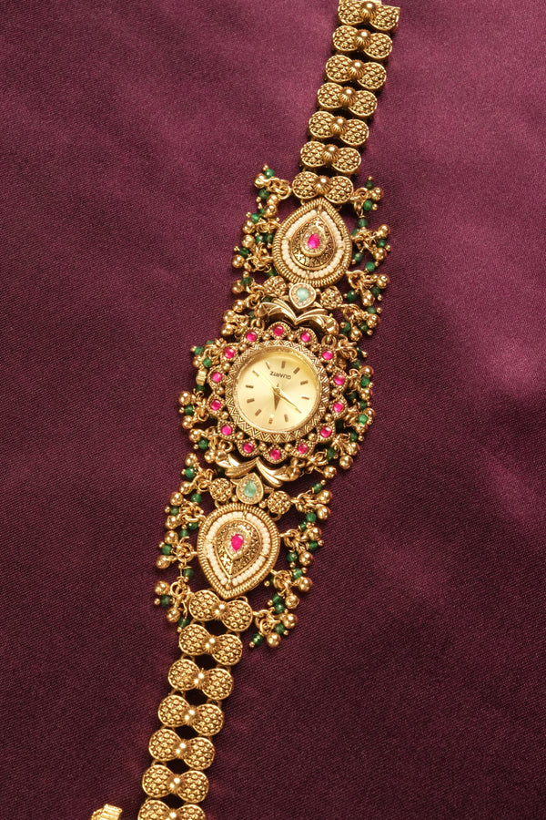 Kashmiri Gold Plated Watch | Kundan Ruby Emerald Nakashi Work | Bridal & Festive Jewelry