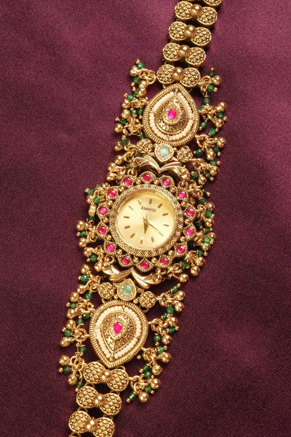 Kashmiri Gold Plated Watch | Kundan Ruby Emerald Nakashi Work | Bridal & Festive Jewelry