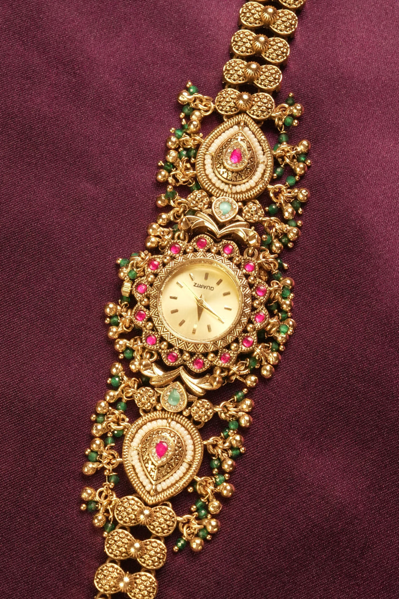 Kashmiri Gold Plated Watch | Kundan Ruby Emerald Nakashi Work | Bridal & Festive Jewelry