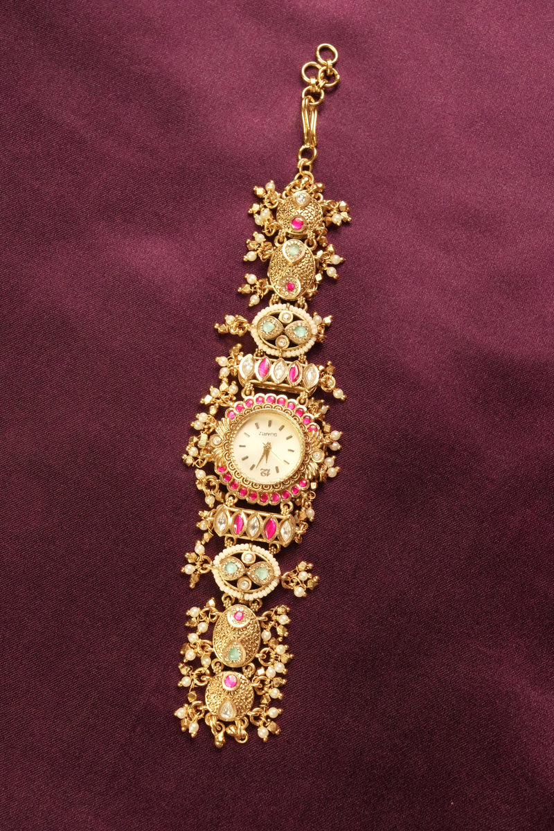 Kashmiri Style Antique Watch | Temple Jewelry Gold Finish with Stones | South Indian Bridal Collection