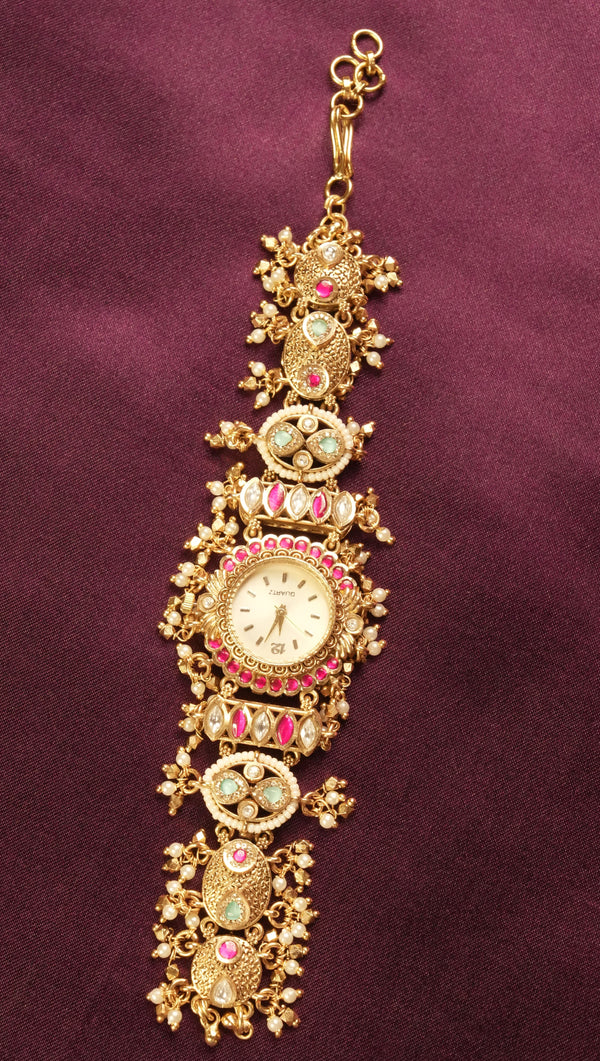Kashmiri Style Antique Watch | Temple Jewelry Gold Finish with Stones | South Indian Bridal Collection