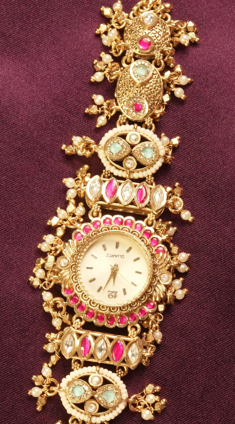 Kashmiri Style Antique Watch | Temple Jewelry Gold Finish with Stones | South Indian Bridal Collection