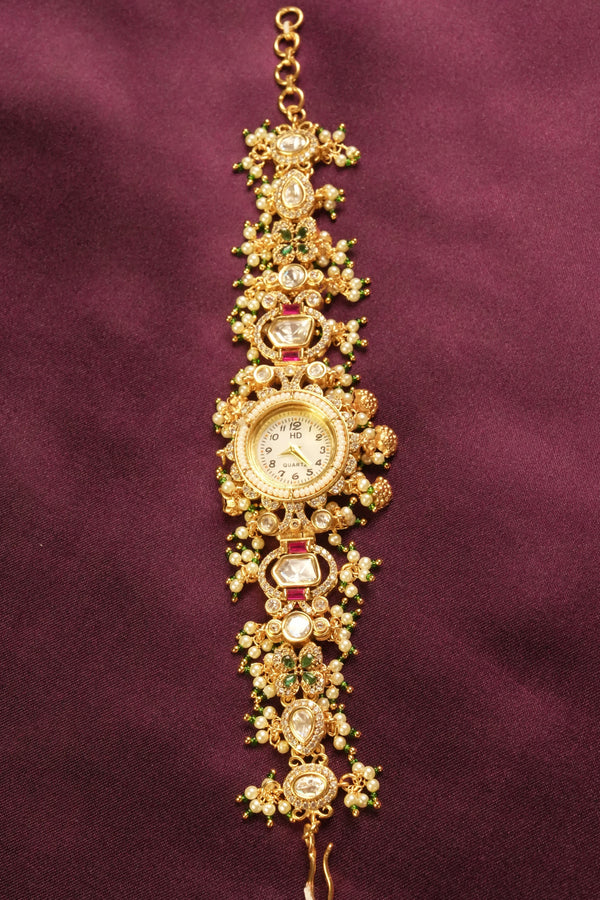 Vintage-Style Kashmiri Watch | Gold Plated with Ruby Emerald Kundan Work | Elegant Bridal Accessory