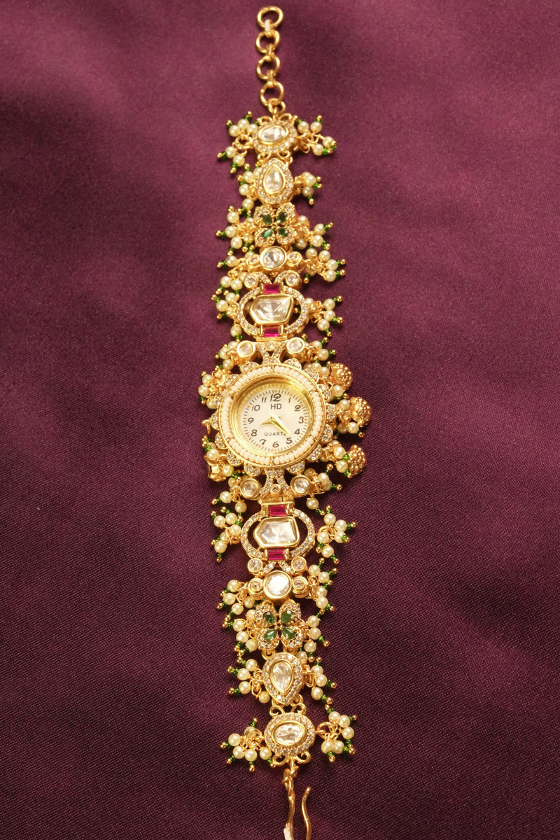 Vintage-Style Kashmiri Watch | Gold Plated with Ruby Emerald Kundan Work | Elegant Bridal Accessory