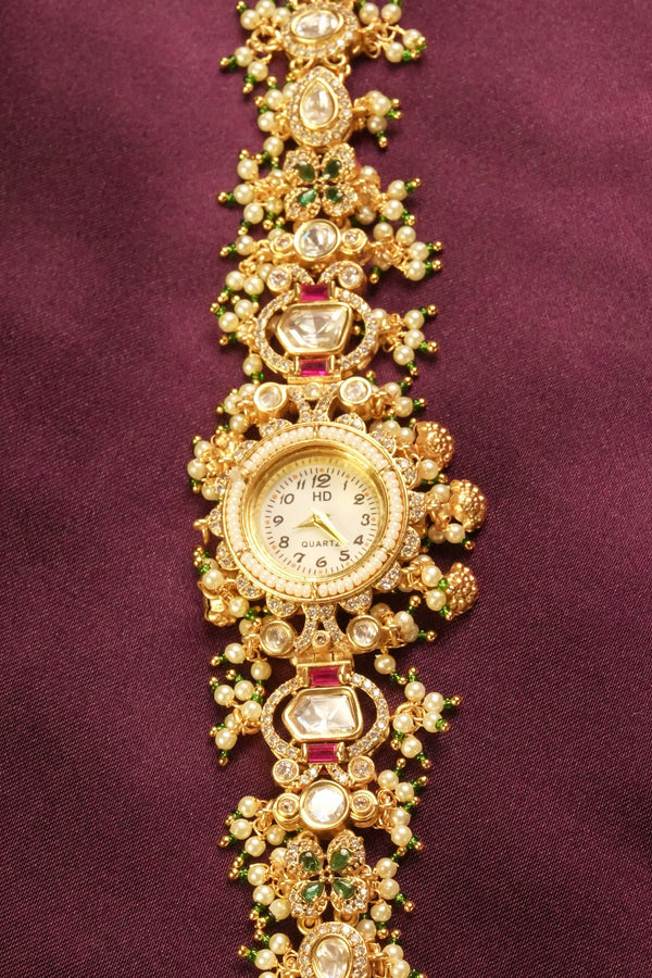 Vintage-Style Kashmiri Watch | Gold Plated with Ruby Emerald Kundan Work | Elegant Bridal Accessory