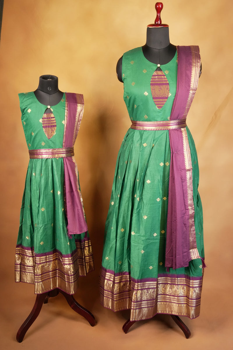 Green & Purple Girls Frock | Saree Style Zari Pallu | Festive & Party Wear