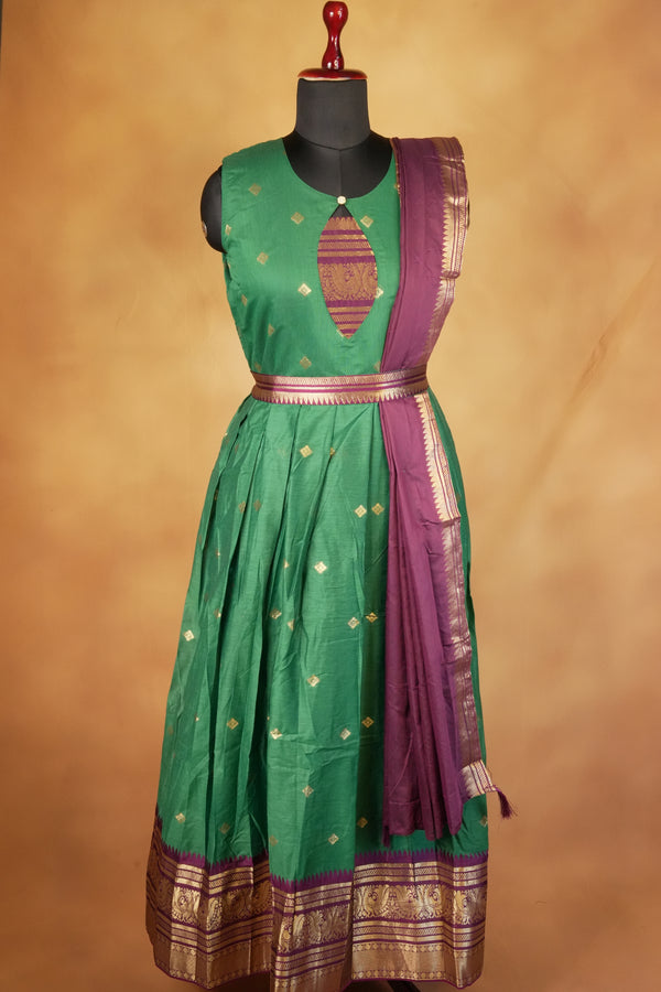 Green & Purple Girls Frock | Saree Style Zari Pallu | Festive & Party Wear