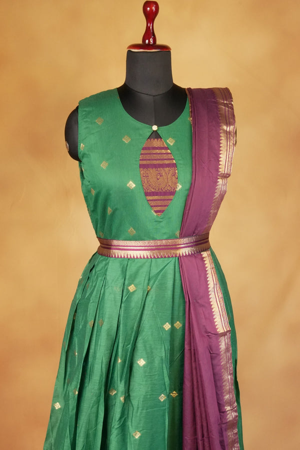 Green & Purple Girls Frock | Saree Style Zari Pallu | Festive & Party Wear
