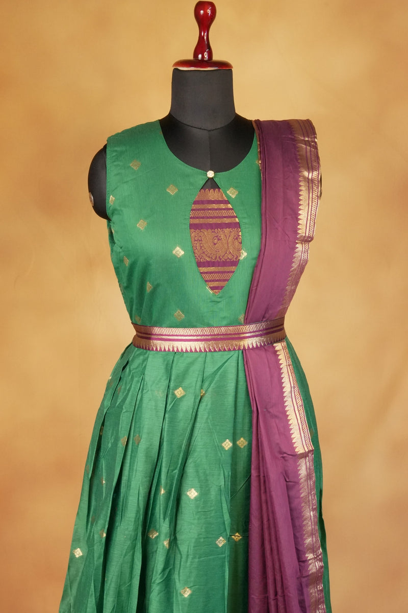 Green & Purple Girls Frock | Saree Style Zari Pallu | Festive & Party Wear