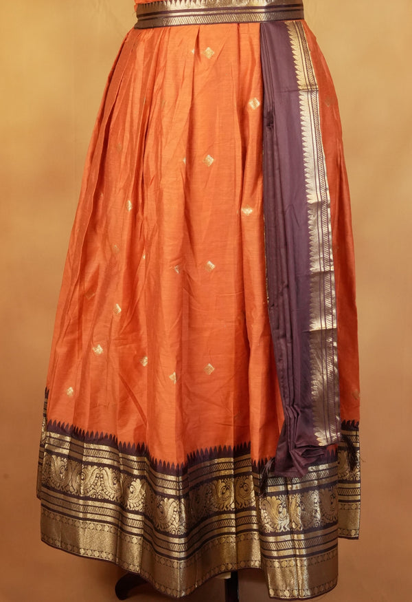 Orange & Brown Girls Frock | Saree Style Zari Pallu | Festive & Party Wear