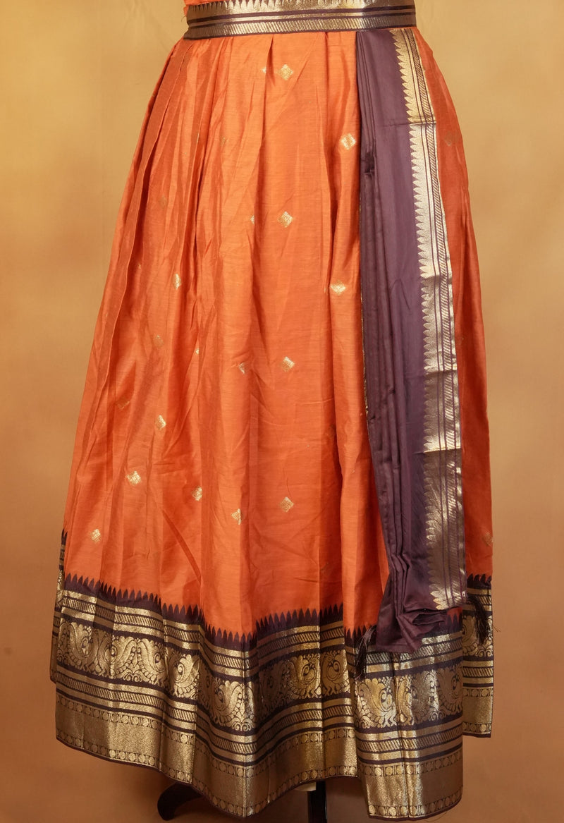 Orange & Brown Girls Frock | Saree Style Zari Pallu | Festive & Party Wear
